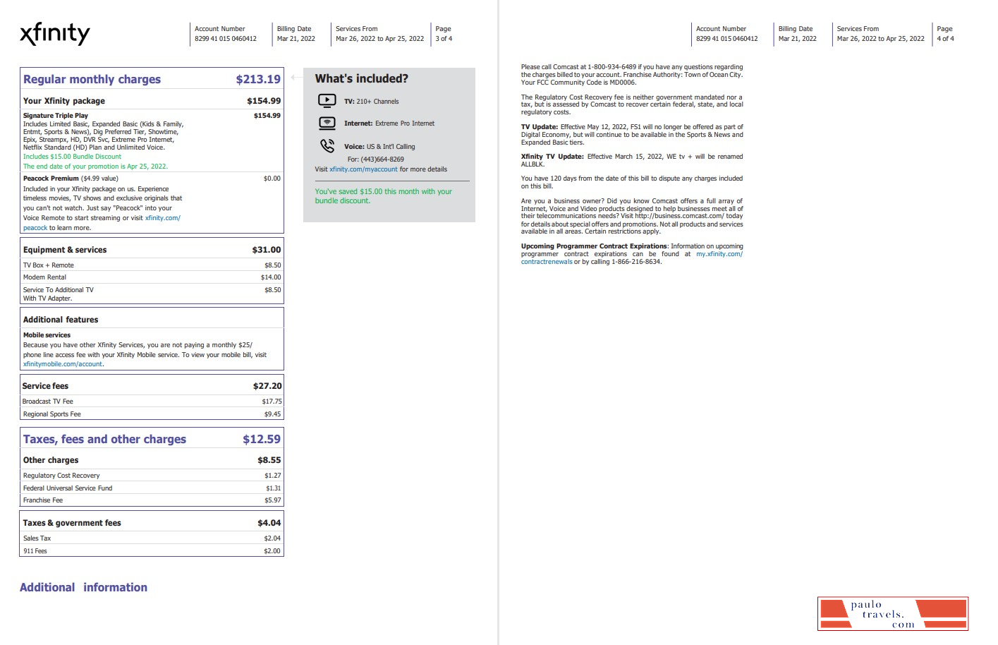 USA Philadelphia Xfinity utility bill Word and PDF template, 4 pages 3 4